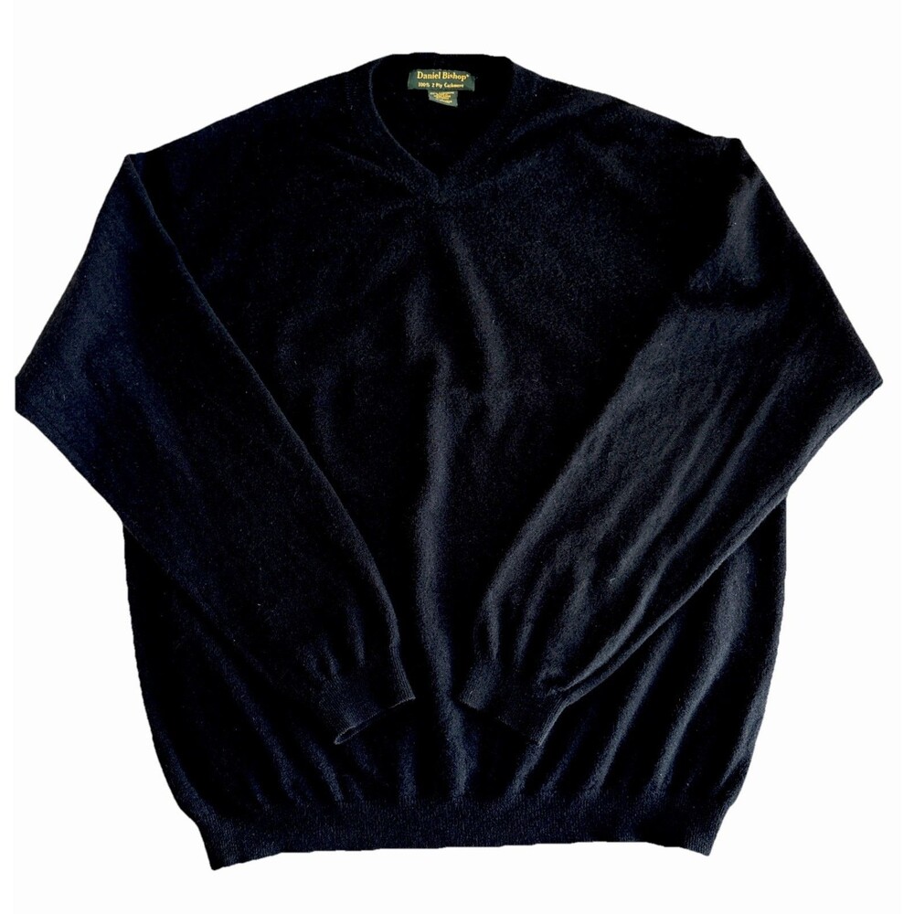 Mens Daniel Bishop Black 100% 2-Ply Cashmere V-Neck Classic Pullover Size Large